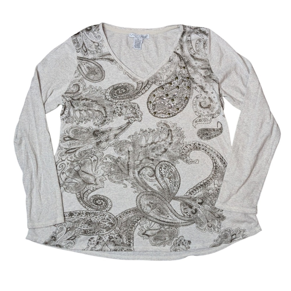 RXB Y2K Rhinestones Bling Stud Western Paisley‎ Gray Long Sleeve Top Women's XL